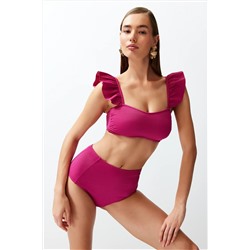 TRENDYOLMİLLA Fuşya Bralet Fırfırlı Dokulu Yüksek Bel Hipster Bikini Takımı TBESS22BT0049