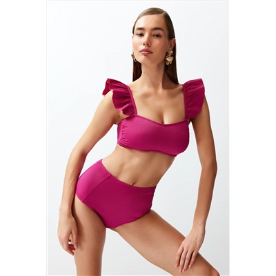 TRENDYOLMİLLA Fuşya Bralet Fırfırlı Dokulu Yüksek Bel Hipster Bikini Takımı TBESS22BT0049