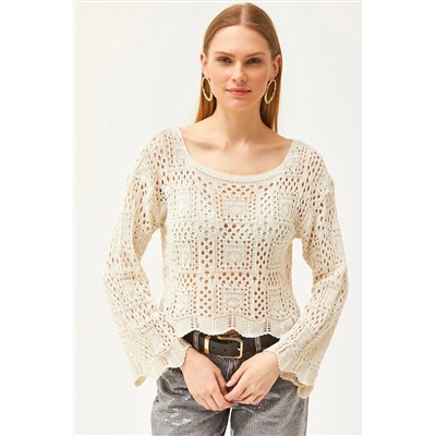 Olalook, Kadın Ekru Patch Desenli Pamuk Triko Bluz BLZ-19002489