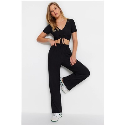 TRENDYOLMİLLA Siyah Büzgü Detaylı Bürümcük Atlet-Pantolon Örme Pijama Takımı THMSS23AU00032