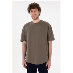 Erkek Long Fit Bisiklet Yaka Vizon Basic Tişört
