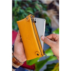 Garbalia, Roosevelt Deri Telefon Bölmeli El Saplı Hardal Sarısı Unisex Portföy Cüzdan