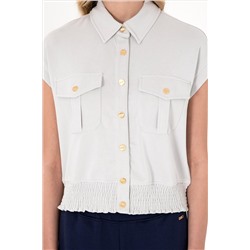 Kadın Taş Modal Karışımlı Kısa Kollu Polo Yaka Sweatshırt