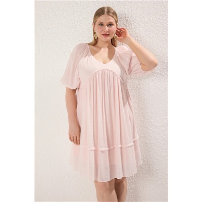 Pembe Balon Kol Crinkle Mini Dokuma Büyük Beden Elbise TBBSS25AH00168