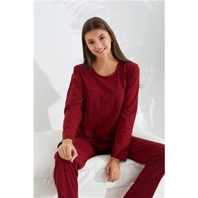 Siyah İnci bordo puan desenli Pamuklu Pijama Takımı 7700