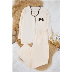 Ekru Kurdele/Fiyonk ve Biye Detaylı Viskon Dokuma Pijama Takımı TBBAW26AI00042