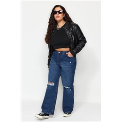 Koyu Mavi Yüksek Bel Destroylu Geniş Paça Büyük Beden Wide Leg Jeans TBBSS22JE00006