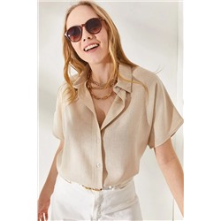 Olalook, Kadın Taş Yarasa Oversize Keten Gömlek GML-19001109