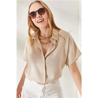 Olalook, Kadın Taş Yarasa Oversize Keten Gömlek GML-19001109