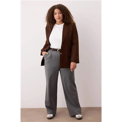 Gri Lastik Belli Wide Leg Büyük Beden Dokuma Pantolon TBBAW26AR00019