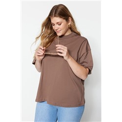 Trendyol Curve Kahverengi Yaka Ribanalı Geniş Kalıp Basic %100 Pamuk Örme T-shirt TBBSS23BF00017