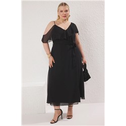 Trendyol Curve Siyah Şifon Fırfırlı Midi Dokuma Büyük Beden Elbise TBBSS25AH00162