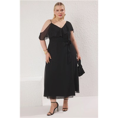 Trendyol Curve Siyah Şifon Fırfırlı Midi Dokuma Büyük Beden Elbise TBBSS25AH00162