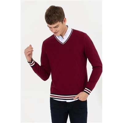 Erkek Bordo V - Yaka Triko Kazak