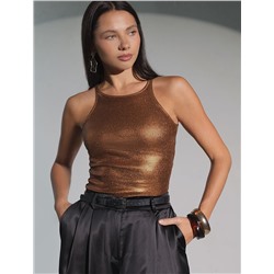 Топ с закрытым декольте из хлопка с эластаном в рубчик с матовым покрытием металлик