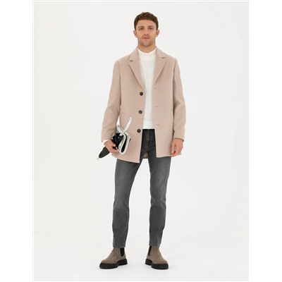 Bej Ekstra Slim Fit Yün Karışımlı Kaşe Kaban