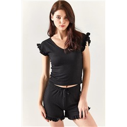 Olalook Kadın Siyah Alt Üst Fırfırlı Dokulu Pijama Takım PJM-00000019
