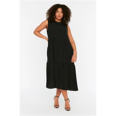 Siyah Shift/Düz Kesim Dik Yaka Midi Dokuma Elbise TBBSS22EL1593