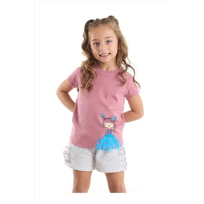 Denokids Tüllü Lily Kız Çocuk Pembe T-shirt Açık Gri Şort Takım CFF-22Y1-075