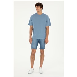 Erkek Comfort Fit Bisiklet Yaka İndigo Tişört