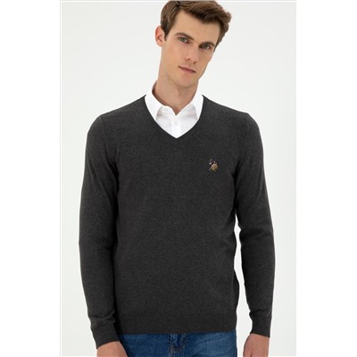 Erkek Slim Fit V Yaka Antrasit Basic Kazak