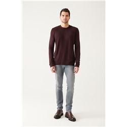 Bordo Bisiklet Yaka Önü Dokulu Regular Fit Triko Kazak