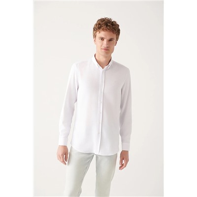 Avva Erkek Beyaz Düğmeli Yaka Dokulu Pamuklu Slim Fit Dar Kesim Gömlek E002050