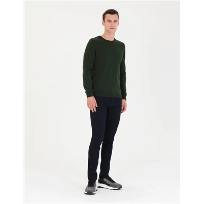 Koyu Yeşil Slim Fit Bisiklet Yaka Basic Triko Kazak
