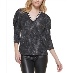 Karl Lagerfeld Paris Printed V-Neck Puff-Sleeve Top
