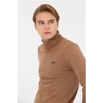 Erkek Camel Melanj Balıkçı Yaka Basic Triko Kazak