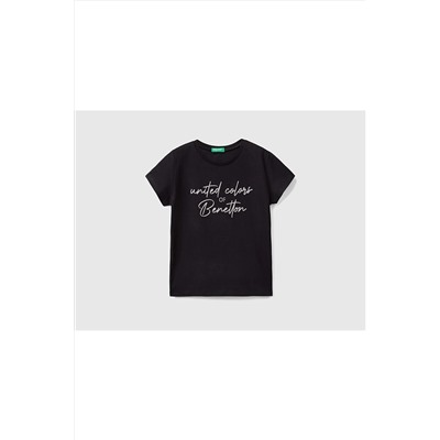 United Colors of Benetton Kız Çocuk Siyah Simli Benetton Yazılı T-shirt 223P3I1XC10AJ-100