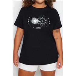 Siyah Bisiklet Yaka %100 Pamuk Örme T-Shirt TBBSS23BF00030