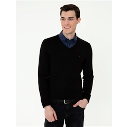 Siyah Slim Fit V Yaka Basic Triko Kazak