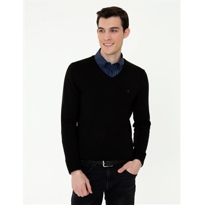 Siyah Slim Fit V Yaka Basic Triko Kazak