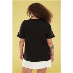 Siyah Bisiklet Yaka Çiçek İşlemeli Örme Büyük Beden T-shirt TBBSS25BF00024