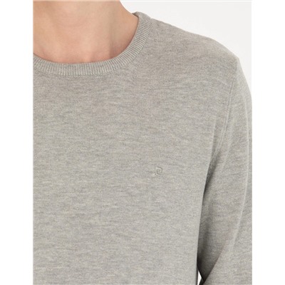 Açık Gri Melanj Slim Fit Bisiklet Yaka Basic Triko Kazak