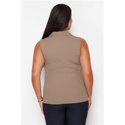 Bej Fitted/Vücuda Oturan Polo Yaka Esnek Örme Büyük Beden Bluz TBBSS24AF00065