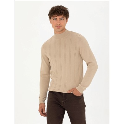 Bej Slim Fit Yarım Balıkçı Triko Kazak