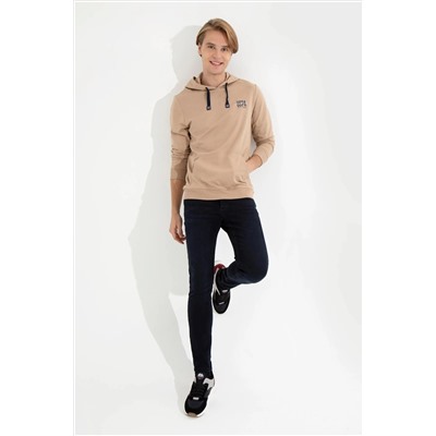 Erkek Camel Kapüşonlu Basic Sweatshirt