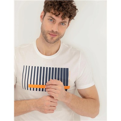 Turuncu Slim Fit Baskılı Bisiklet Yaka Tişört