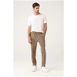 Avva Erkek Haki Yandan Cepli Beli Lastikli Keten Dokulu Relaxed Fit Rahat Kesim Pantolon E003052