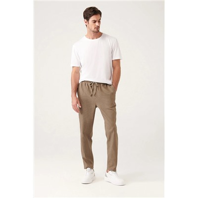 Avva Erkek Haki Yandan Cepli Beli Lastikli Keten Dokulu Relaxed Fit Rahat Kesim Pantolon E003052