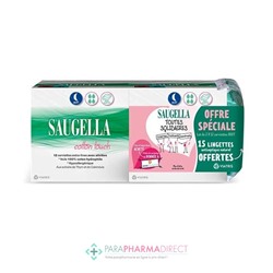 Saugella Cotton Touch Lot de 2x12 Serviettes Extra-Fines avec Ailettes Nuit + 15 Lingettes OFFERTESLot  × 2