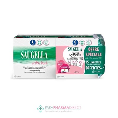 Saugella Cotton Touch Lot de 2x12 Serviettes Extra-Fines avec Ailettes Nuit + 15 Lingettes OFFERTESLot  × 2