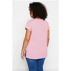 Pembe Boyfriend V Yaka Yırtmaçlı %100 Pamuk Örme T-Shirt TBBSS22BF0036