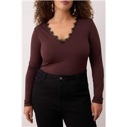 Kahverengi V Yaka Yakası Dantel Detaylı Çıtçıtlı Örme Büyük Beden Body TBBAW26CS00001
