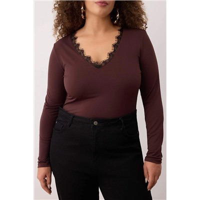 Kahverengi V Yaka Yakası Dantel Detaylı Çıtçıtlı Örme Büyük Beden Body TBBAW26CS00001
