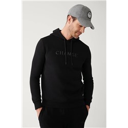 Avva Erkek Siyah Kapüşonlu Yaka 3 İplik Şardonlu Piramit Baskılı Standart Fit Normal Kesim Sweatshirt A32 A32Y1240