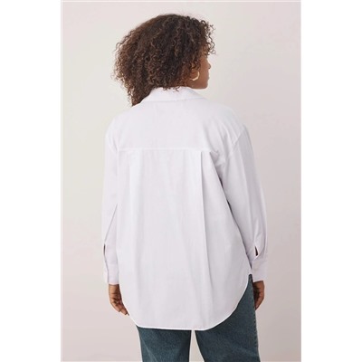 Beyaz Loose Fit Pamuklu Uzun Kol Büyük Beden Dokuma Gömlek TBBSS22GO0323