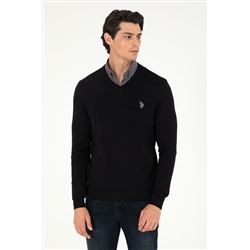 Erkek Slim Fit V Yaka Siyah Basic Kazak